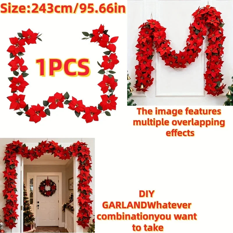 Artificial Poinsettia Wreath 242cm Red and Green Christmas Garland