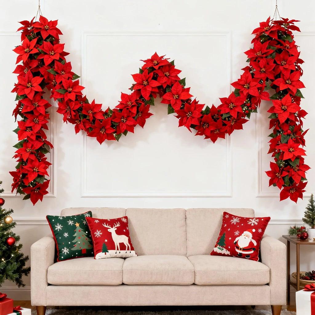 Artificial Poinsettia Wreath 242cm Red and Green Christmas Garland