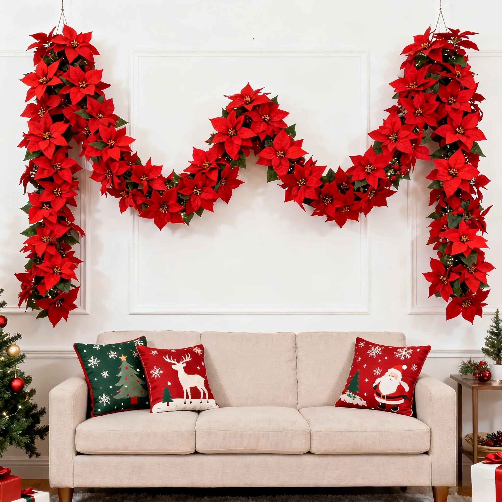 Artificial Poinsettia Wreath 242cm Red and Green Christmas Garland