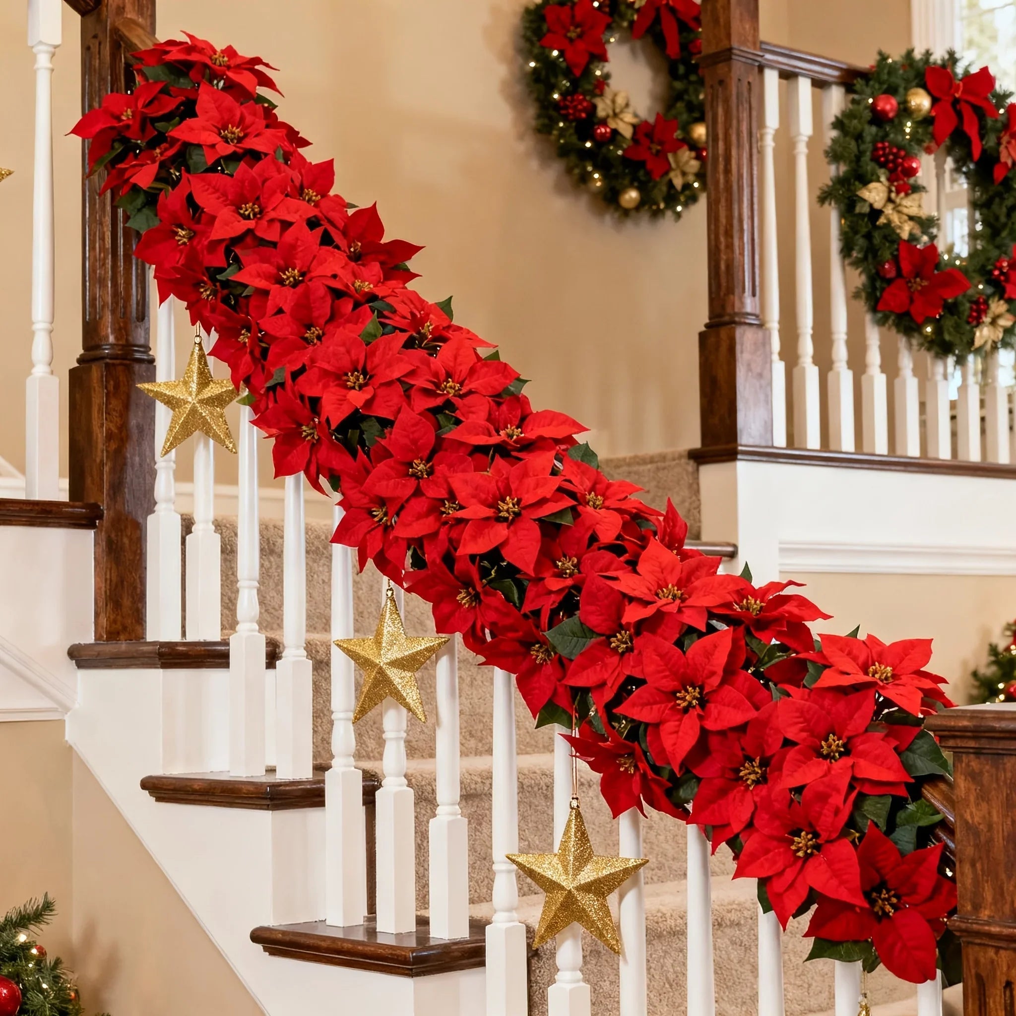 Artificial Poinsettia Wreath 242cm Red and Green Christmas Garland