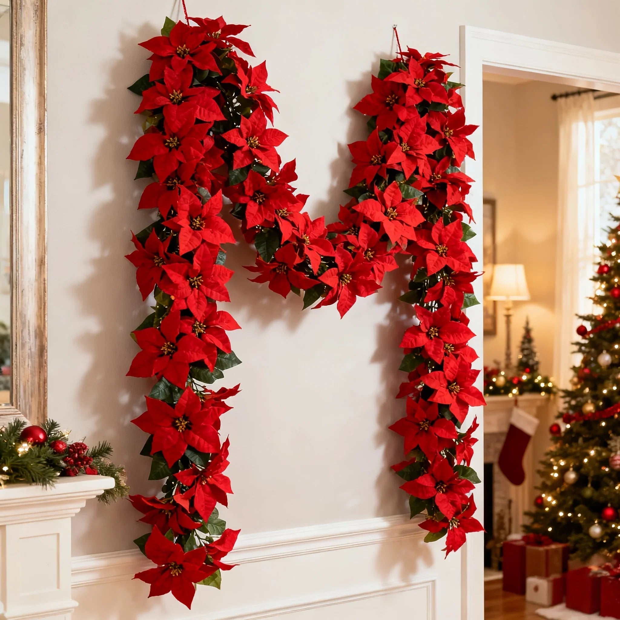 Artificial Poinsettia Wreath 242cm Red and Green Christmas Garland