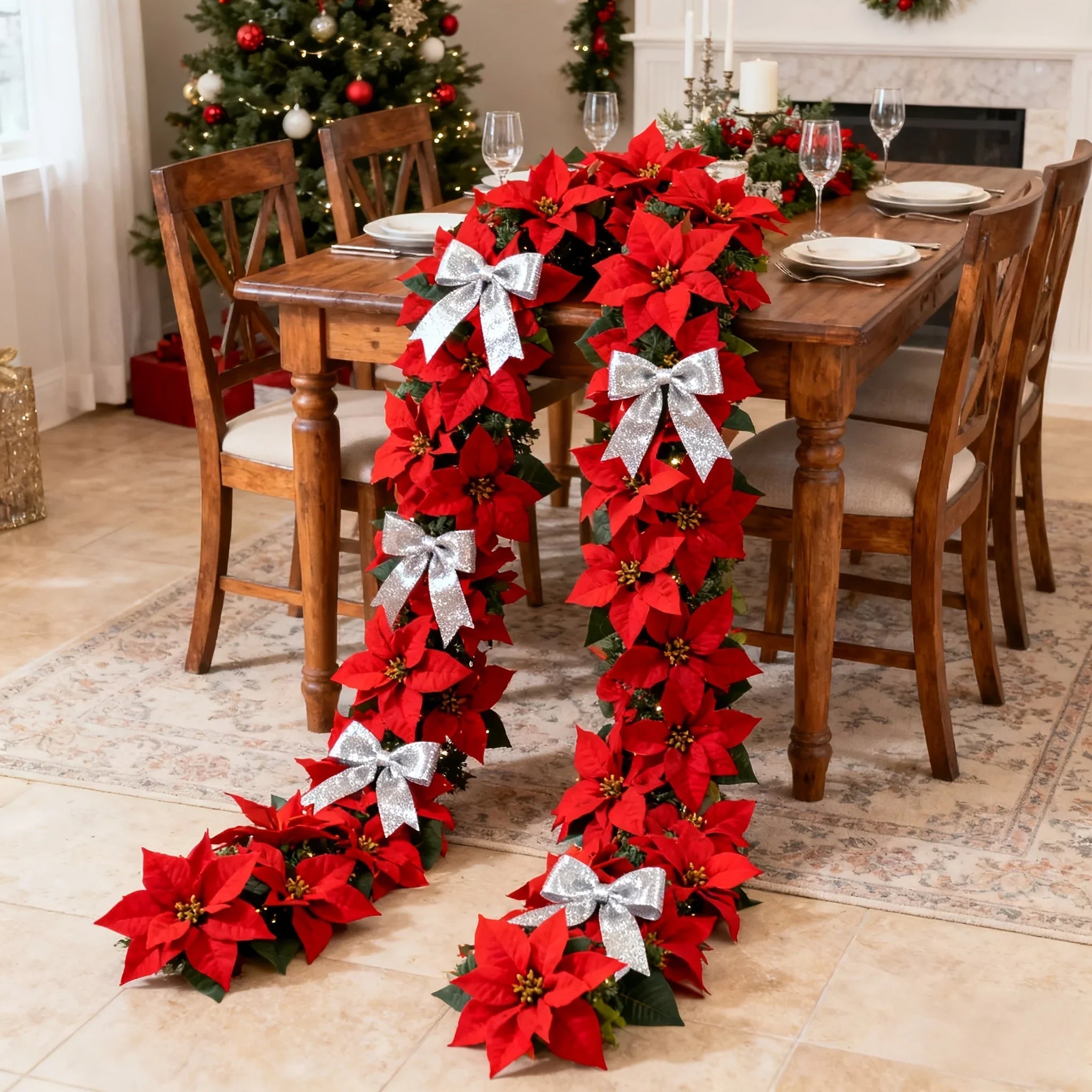 Artificial Poinsettia Wreath 242cm Red and Green Christmas Garland