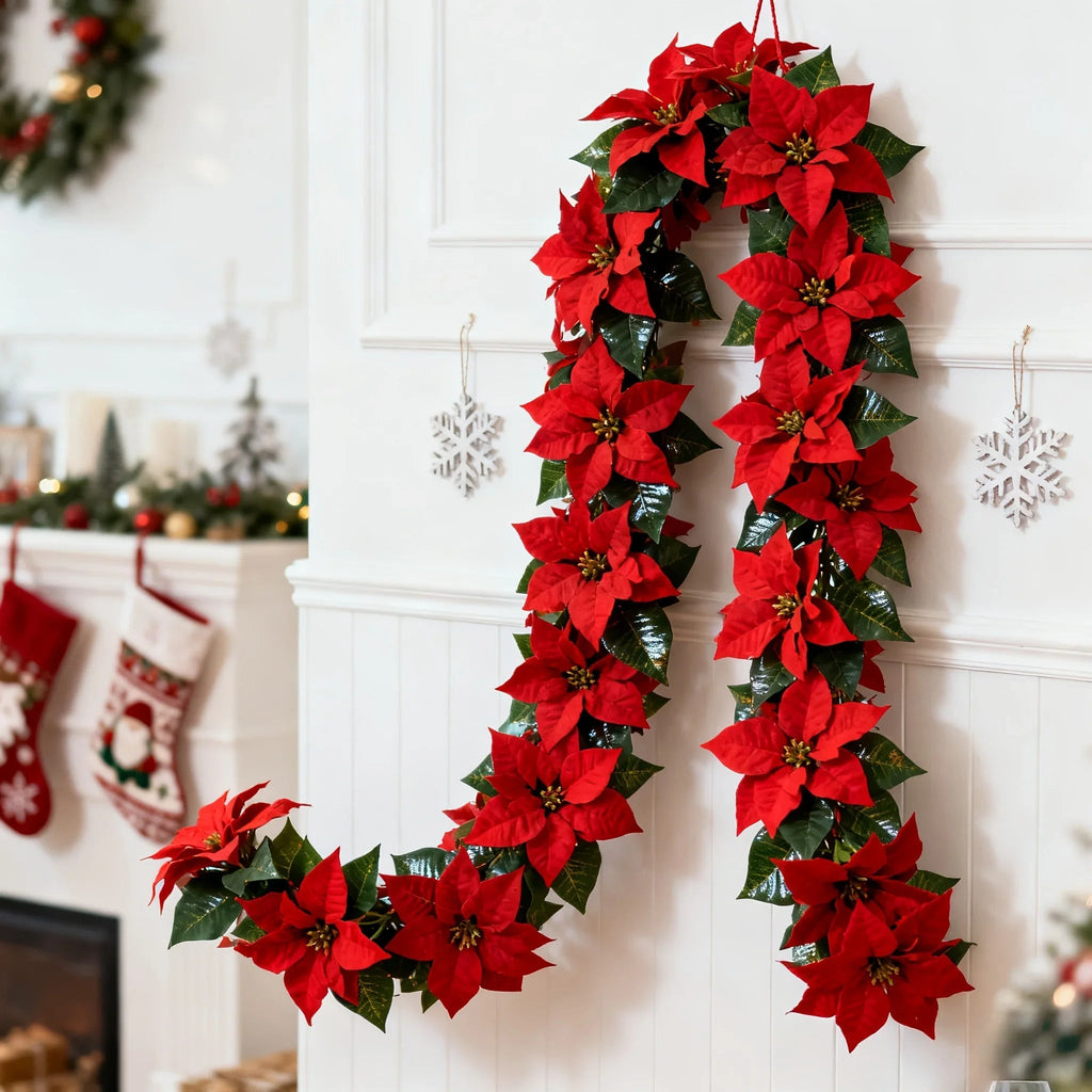 Artificial Poinsettia Wreath 242cm Red and Green Christmas Garland
