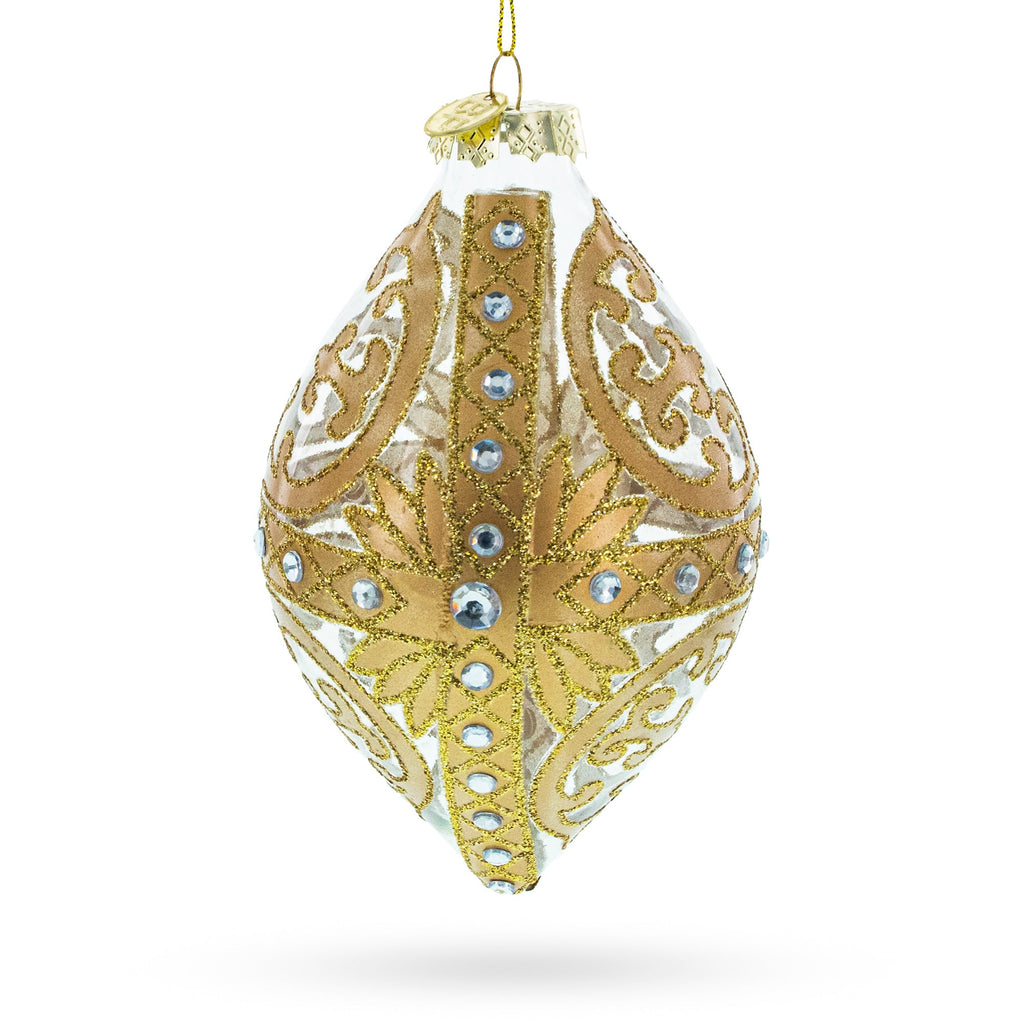 Gold Scroll with Jewel Accents Rhombus Finial Glass Christmas Ornament